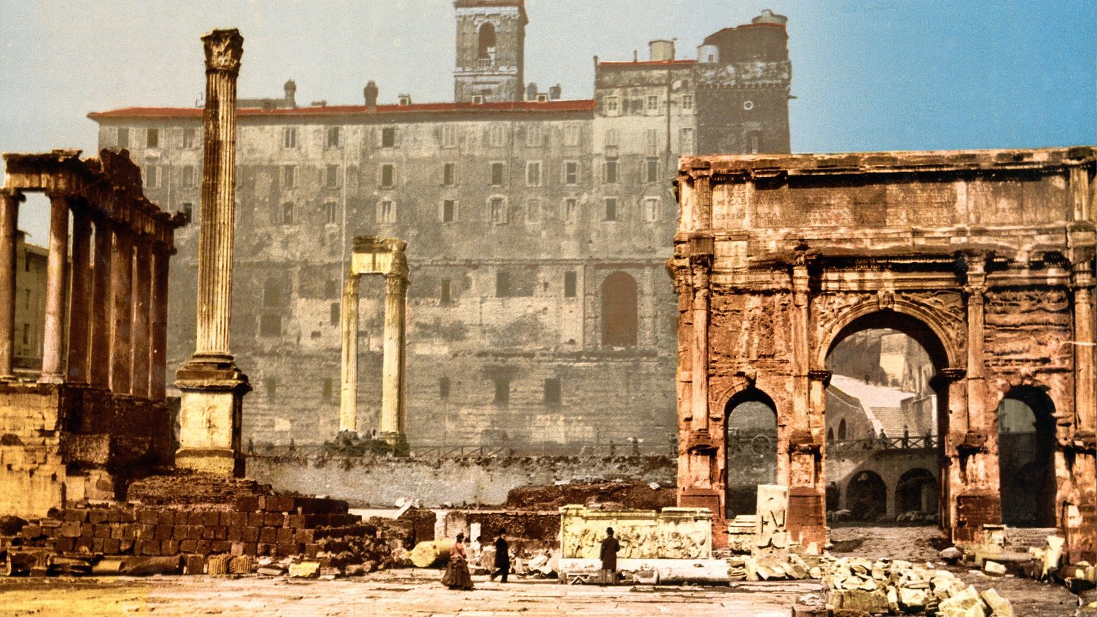Temple of Saturn and Triumphal Arch of Septimus Severus, Rome, Italy, ca. 1889