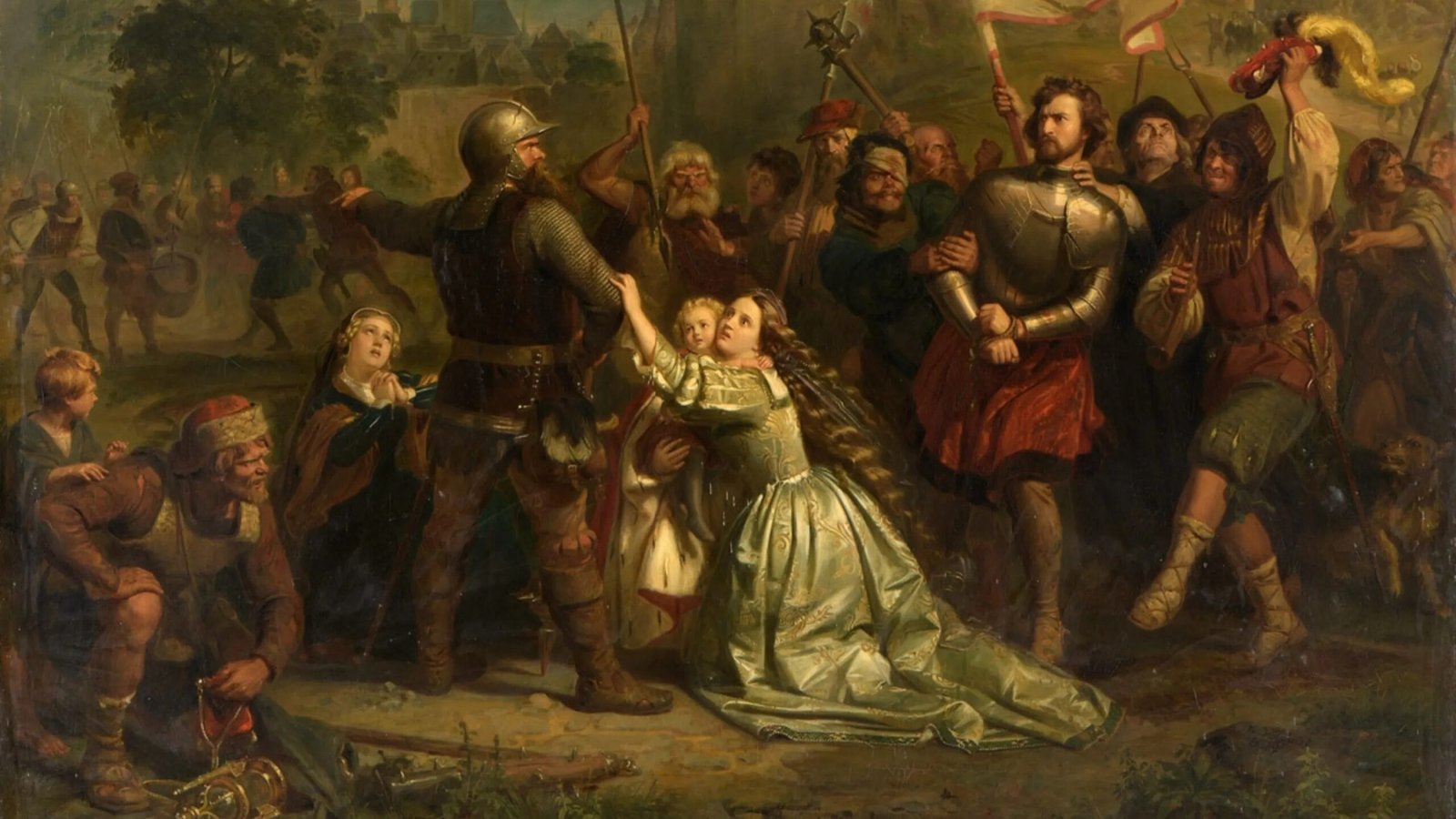 Weinsberg, April 17, 1525. Scene from the Peasants' War. Countess Helfenstein pleads with the rebellious peasants for her husband's life. Signed. Oil on canvas. By Wilhelm Volkhart.