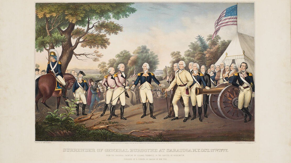 A painting depicting the surrender of General Burgoyne after the Battle of Saratoga.