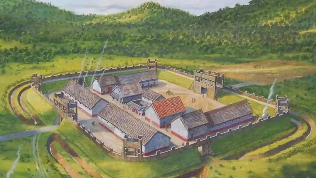 An artist’s reconstruction depicts the Roman fort in Pembrokeshire, Wales.